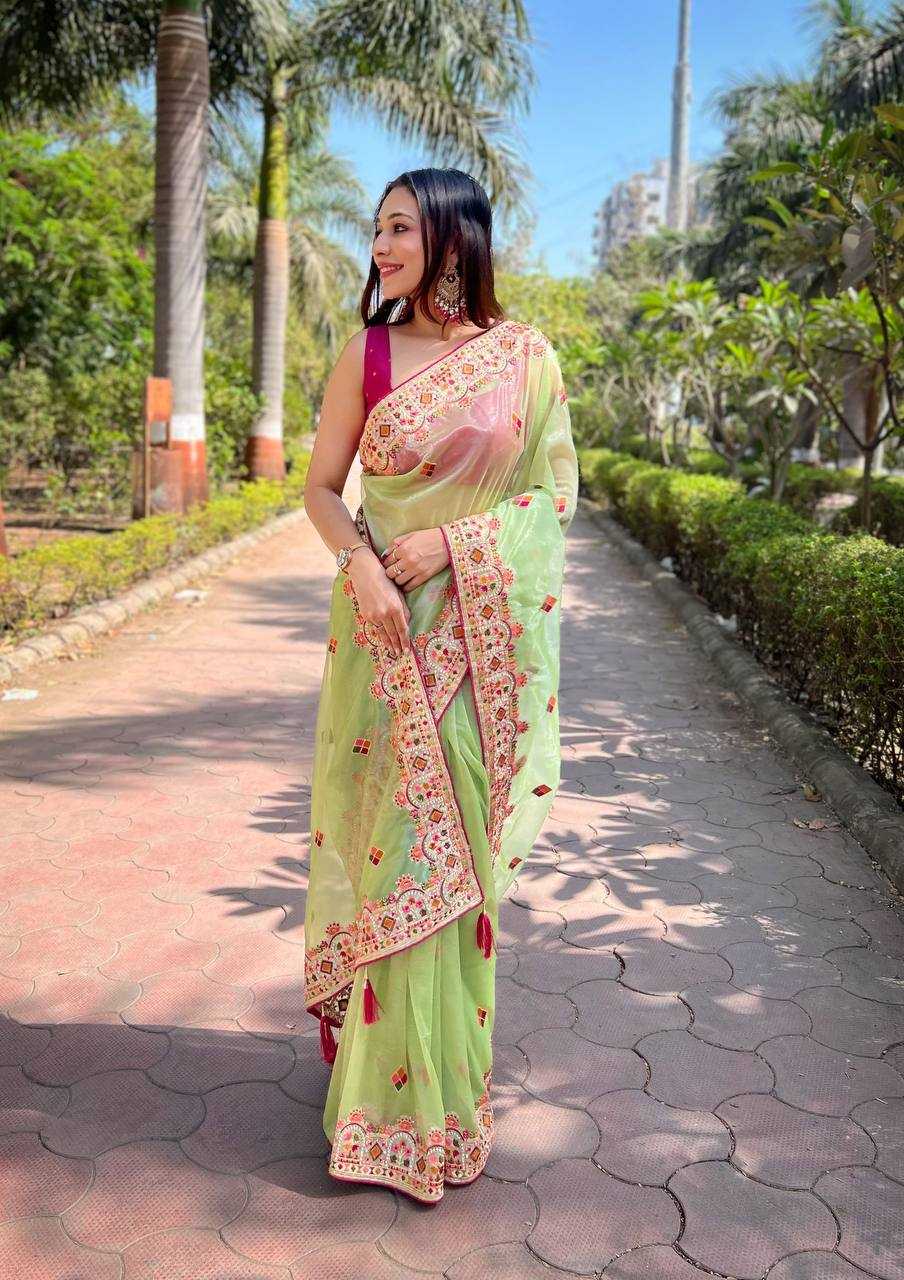 Twill Net  Embroidered Lace Border Stone Work Zari Saree